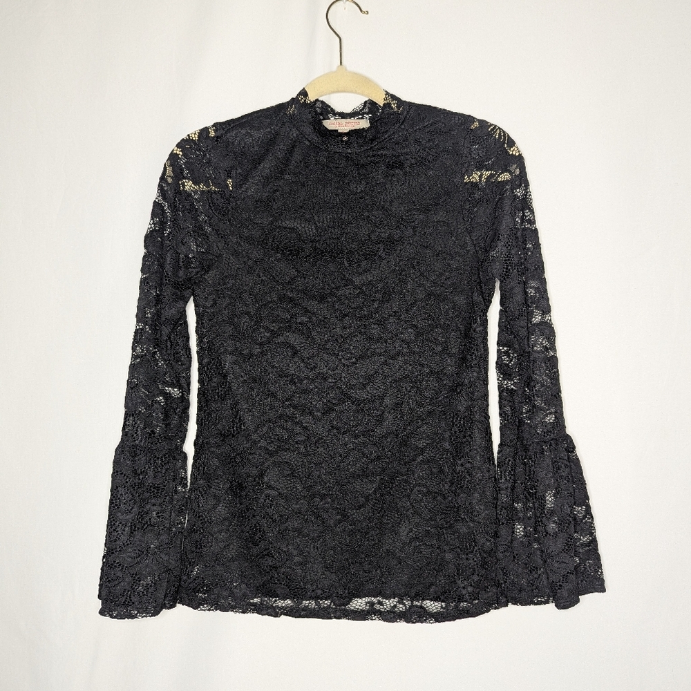 Green Envelope Women Black Goth Witchy Sheer Lace Bell Sleeve Top XS